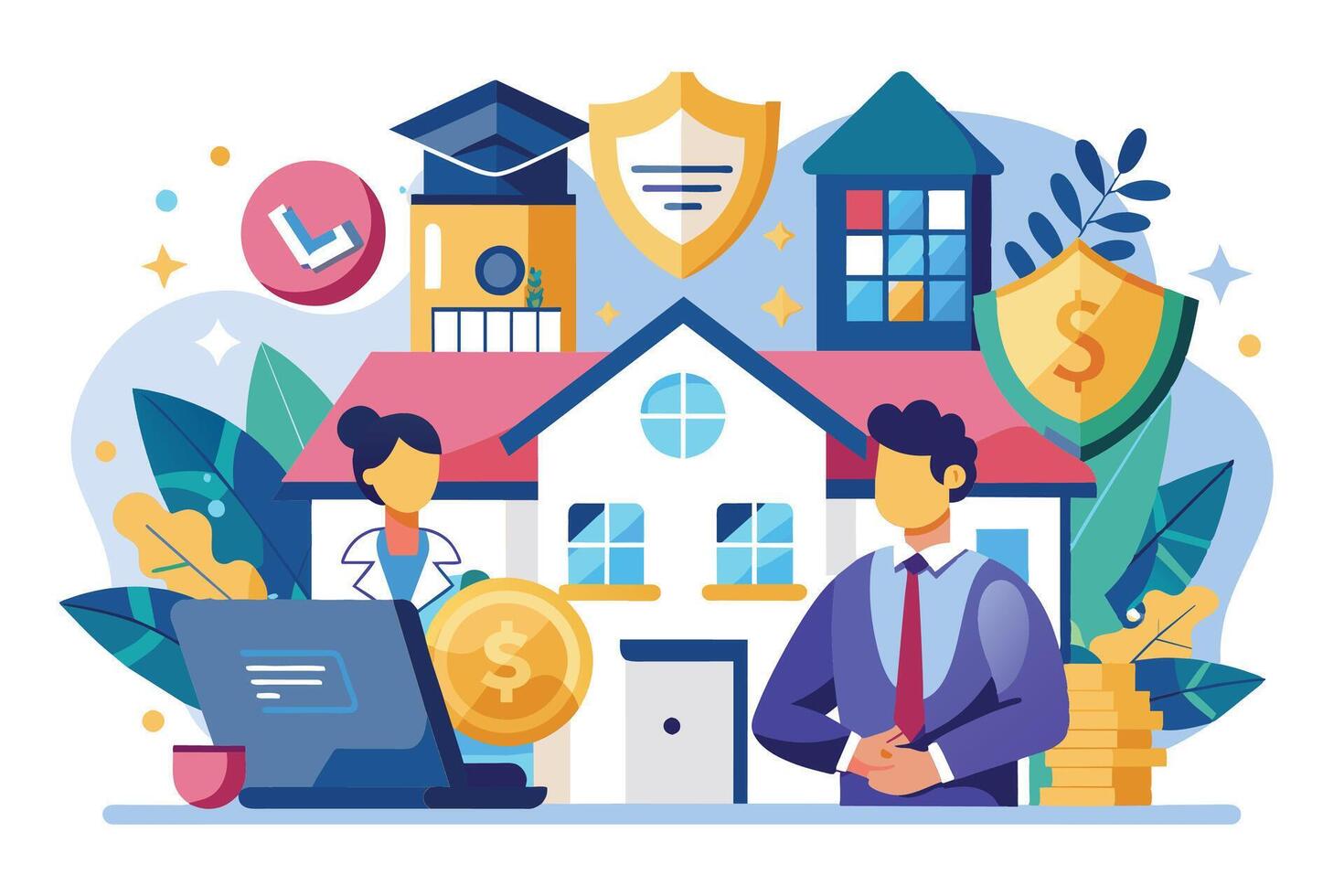 An illustration depicting a couple standing in front of their new home, showcasing financial security and protection with symbols of a shield, a graduation cap, and a stack of coins. vector
