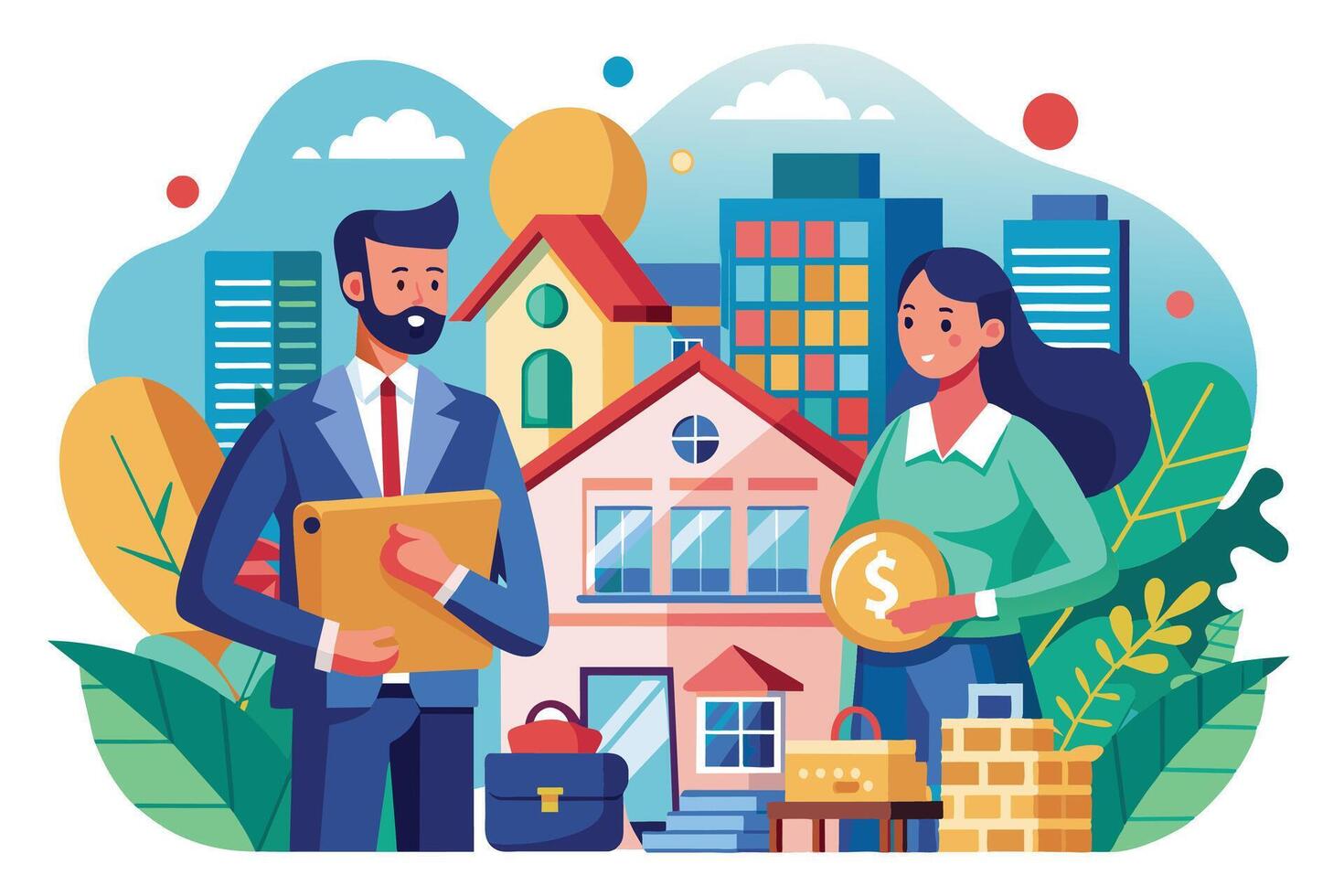 Illustration of a real estate agent in a suit holding a tablet and showing a house to a prospective buyer holding a gold coin. vector