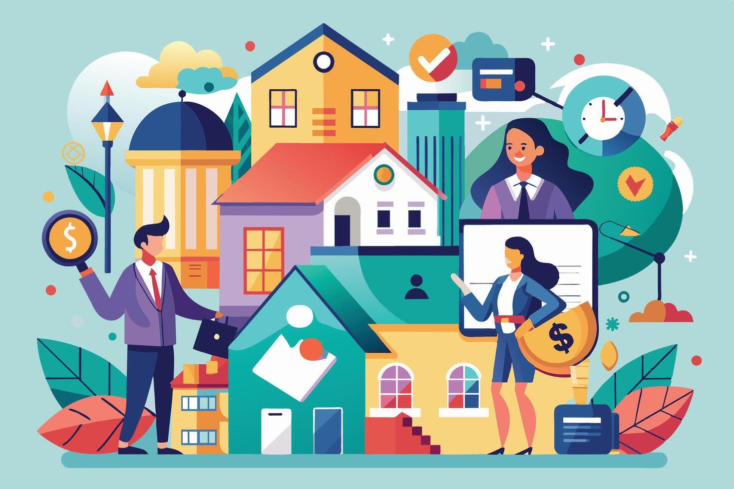 An illustration depicting two real estate agents in a cityscape, discussing property investments and financial opportunities. vector