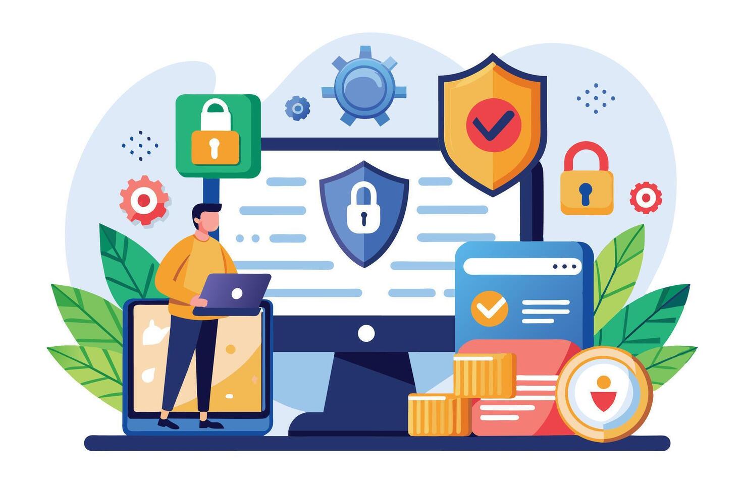 Illustration of a man working on his laptop with a secured computer and mobile devices, emphasizing secure data and digital privacy. vector