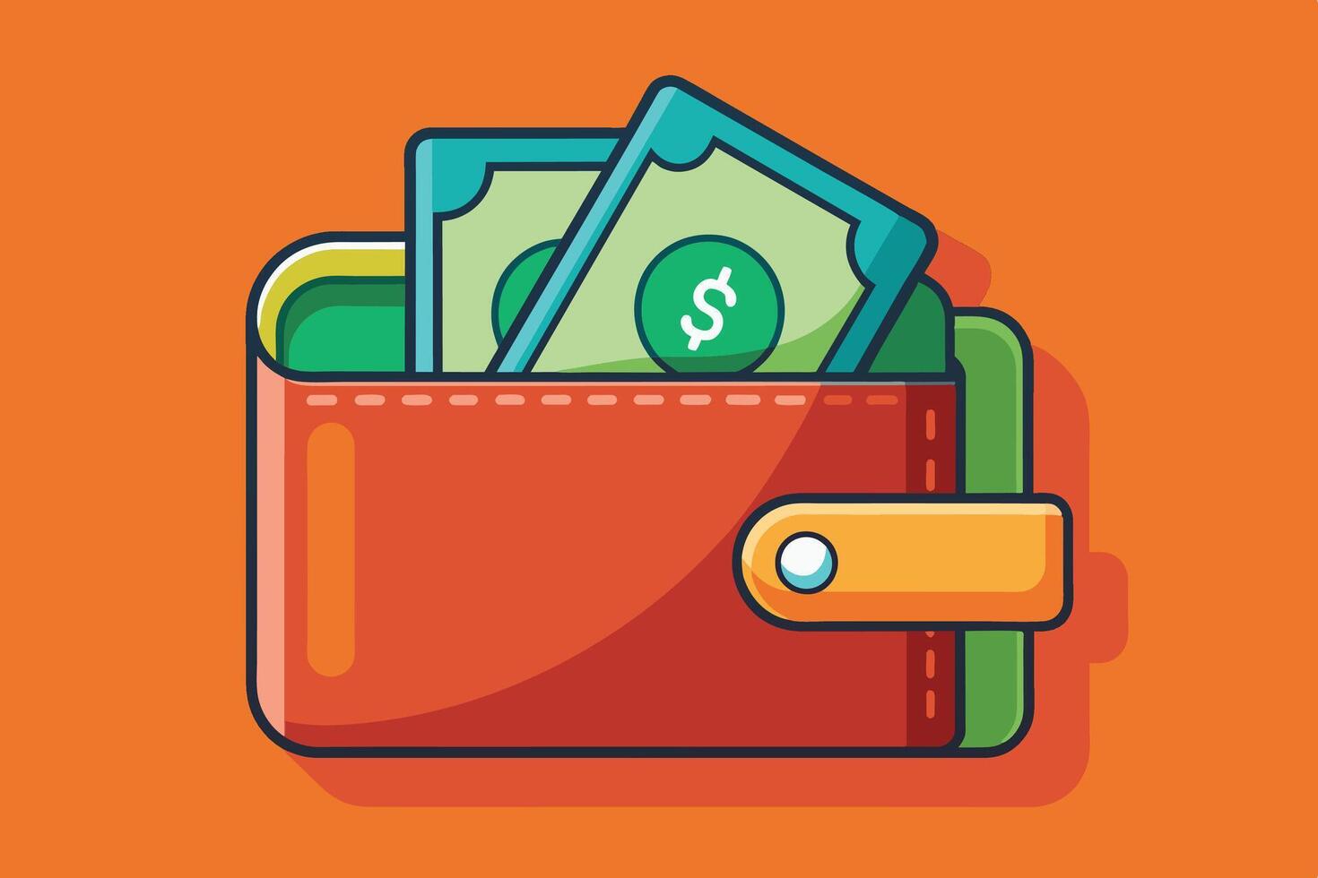 A digital illustration of a red leather wallet with two bills inside, one partially visible. The bill that is fully visible has a dollar sign on it. vector