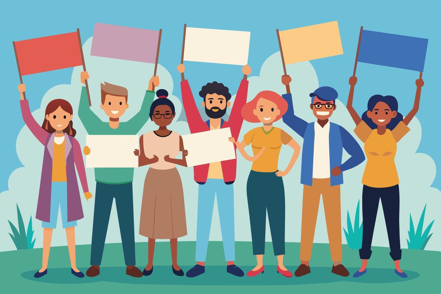 Cartoon shows 7 diverse people in grassy field, smiling, holding blank signs and colored flags for unity and collective action. vector