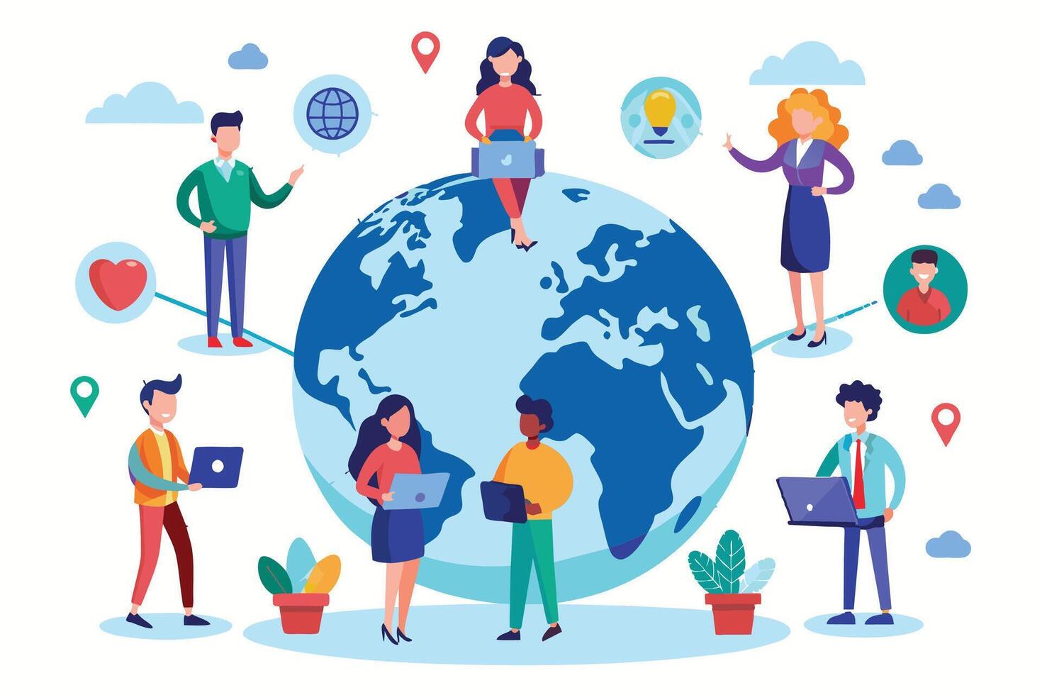 A colorful illustration of a diverse group of people working together around the globe using laptops, representing global collaboration. vector