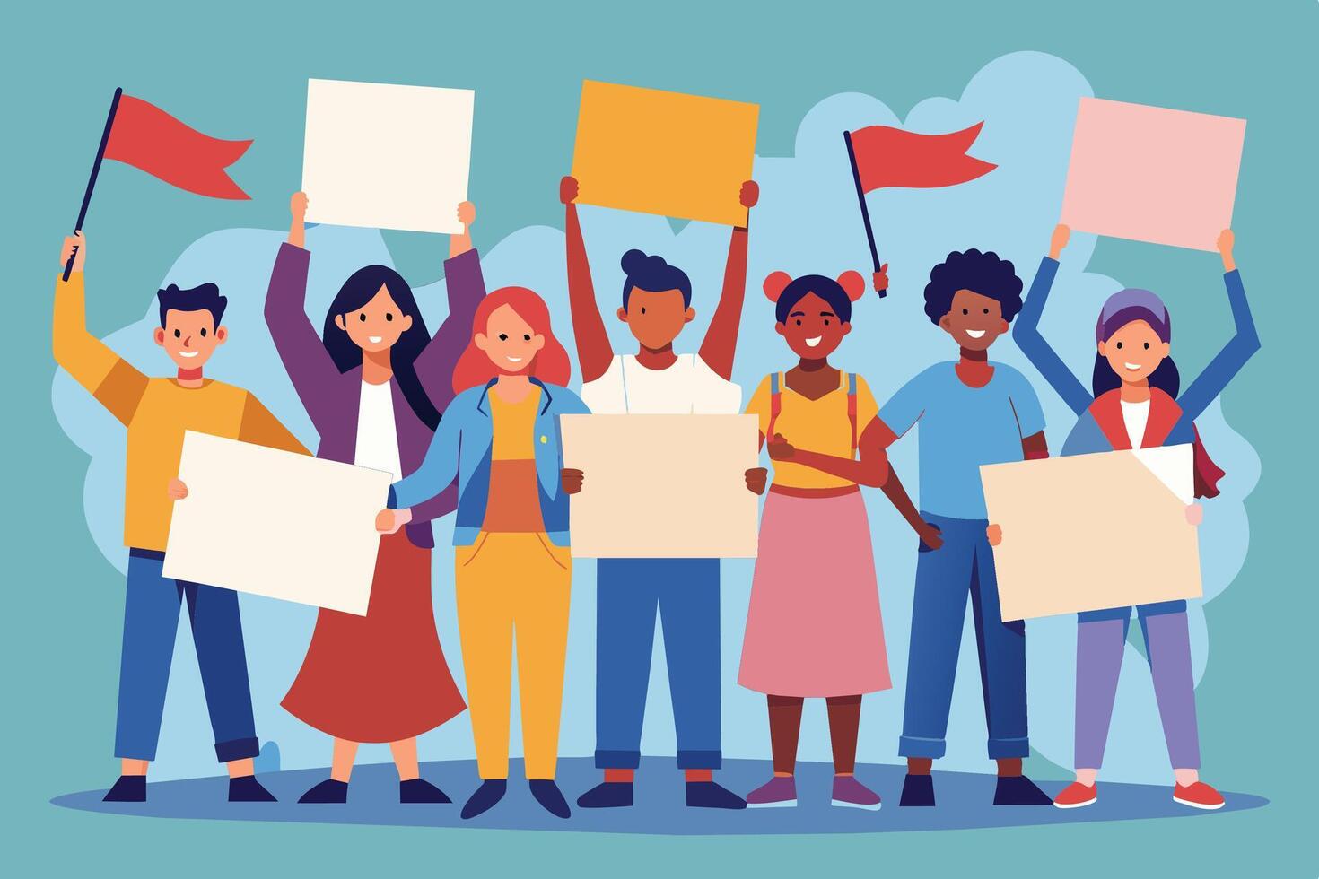 A group of diverse individuals holding blank signs and flags, participating in a peaceful protest or demonstration. They are standing together, united in their cause. vector