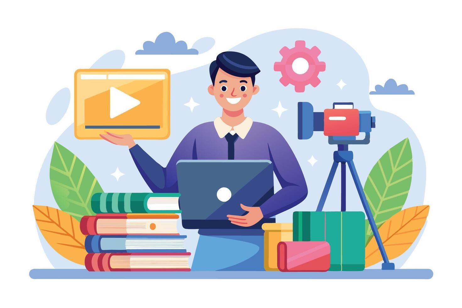 A cartoon man is smiling and holding a play button while standing next to a laptop and a camera on a tripod. vector
