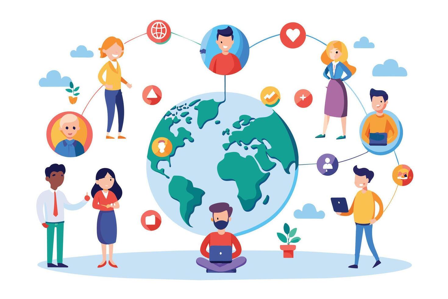 A global team collaborates online through diverse communication methods, connecting individuals from various cultures in a modern work environment. vector