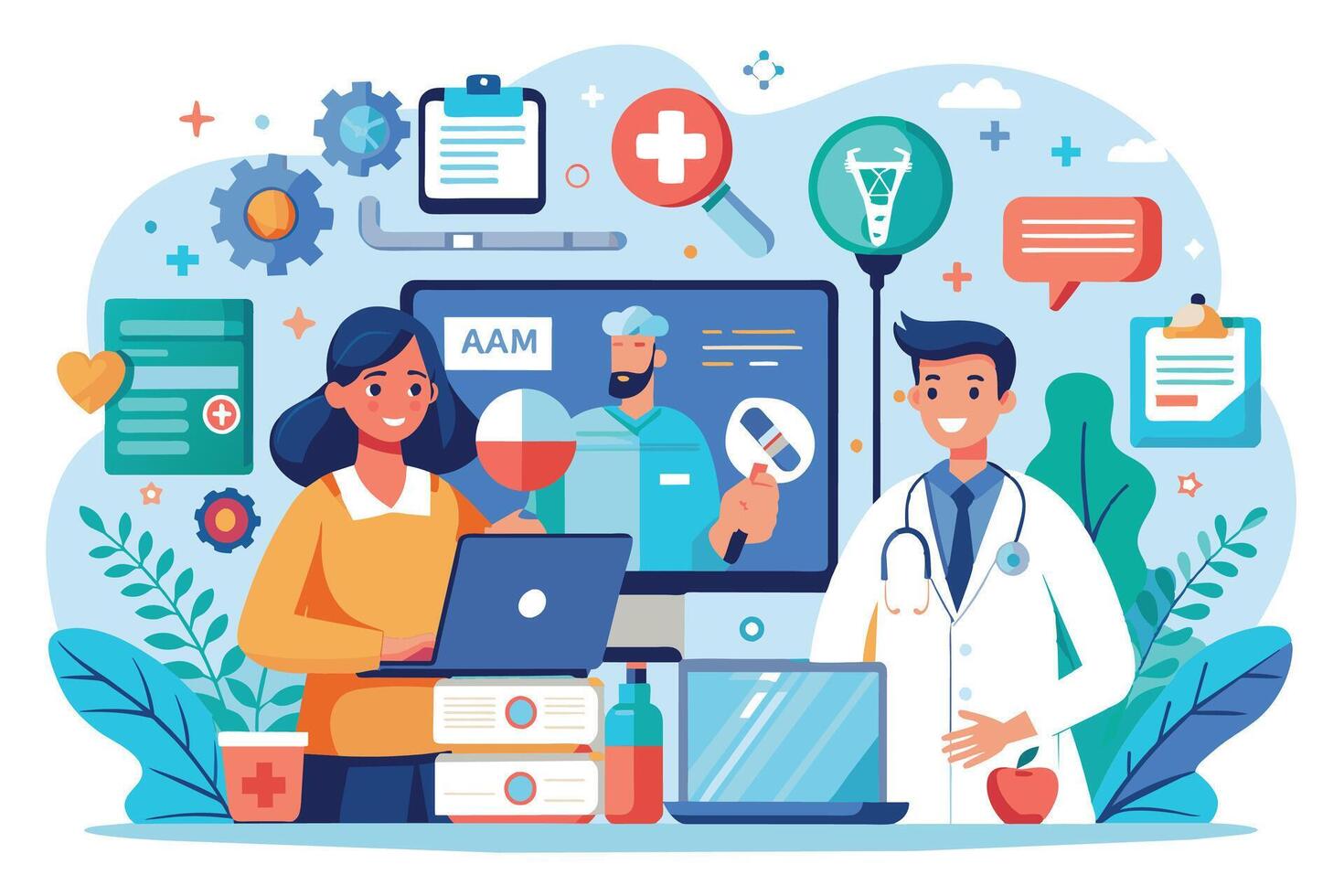An illustration of a doctor and a patient interacting online via a laptop. They are discussing medical information and treatment options. vector