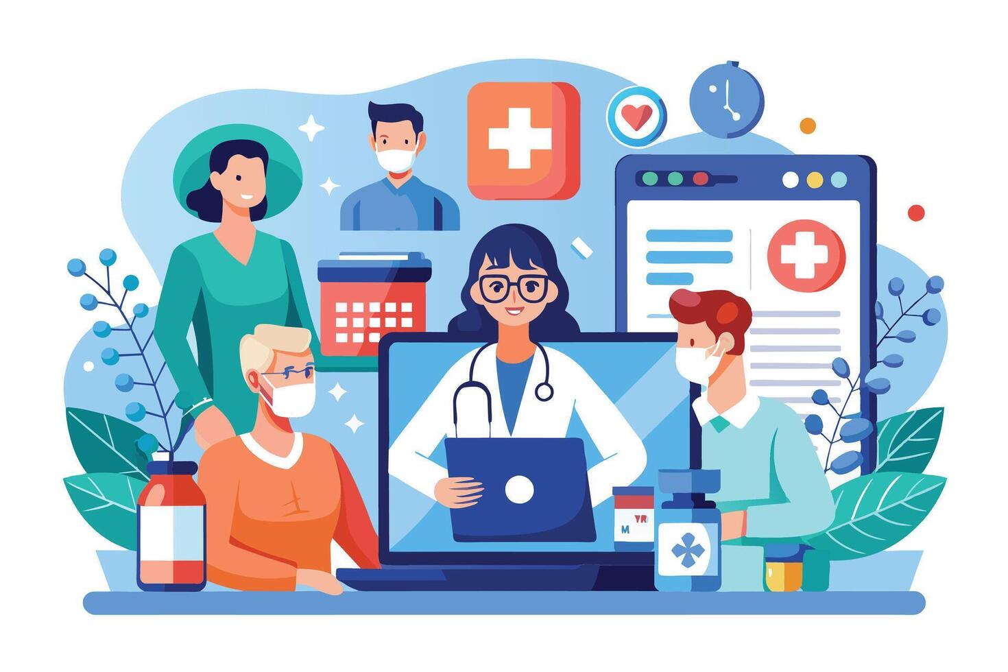 A doctor conducts a virtual appointment with a patient. A family member is present during the consultation. vector