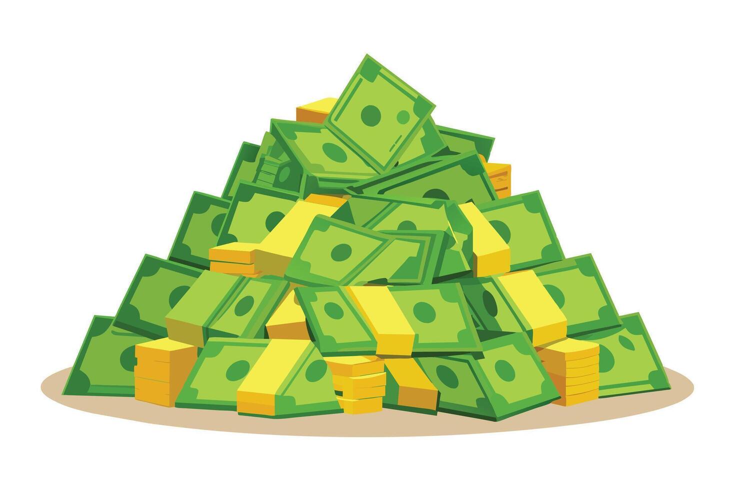 A large pile of green paper money with visible dollar signs is illustrated in cartoon style. The pile of money sits on a brown oval surface, suggesting wealth and prosperity. vector