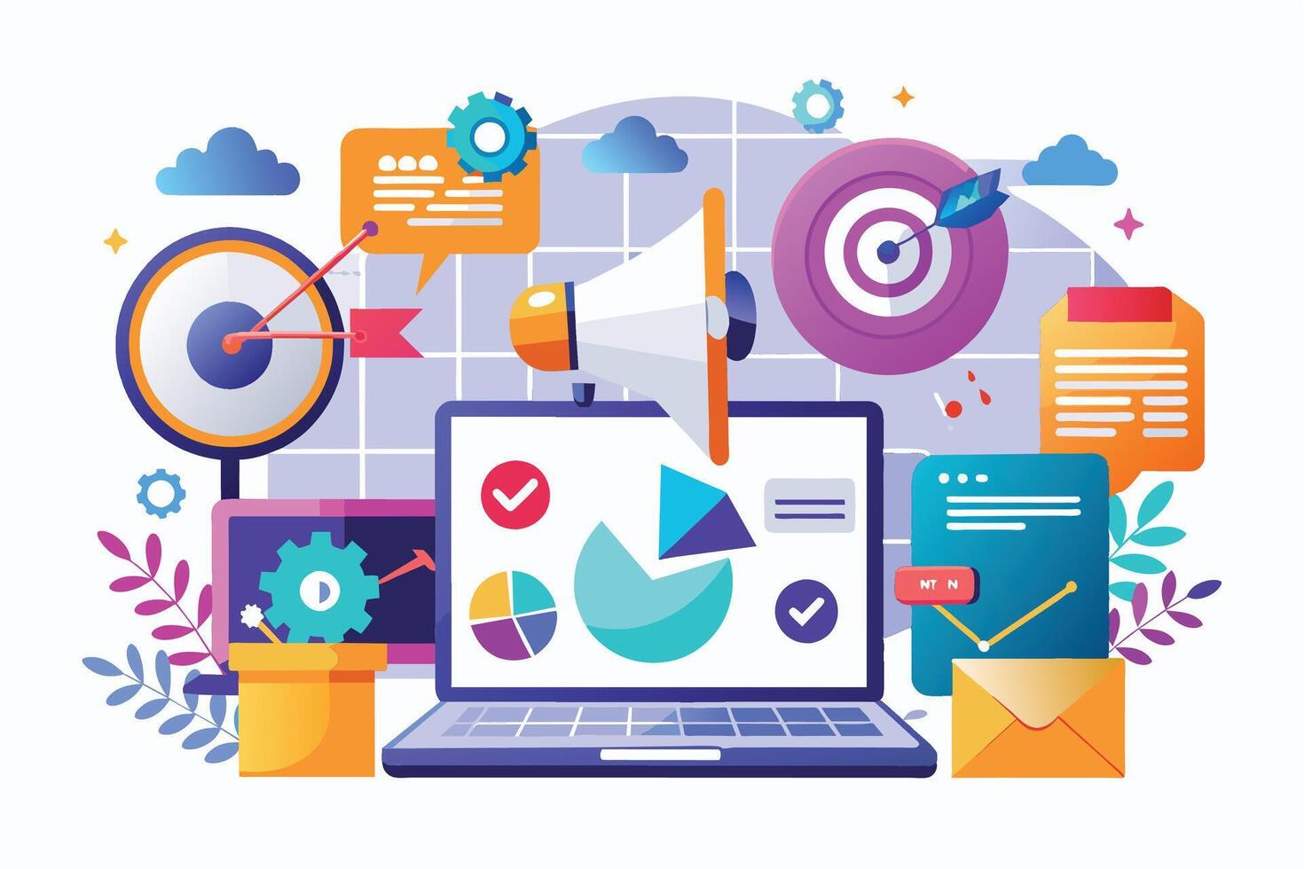 A colorful illustration of a laptop with graphs, a megaphone, a target, and other digital marketing icons. vector