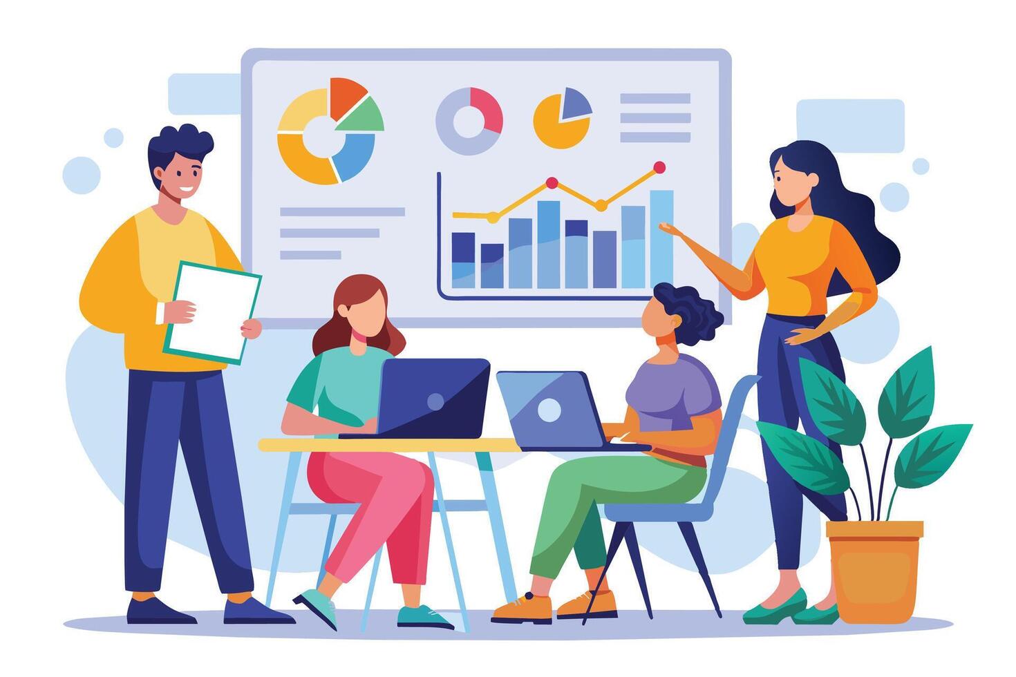 Four people, including two women and two men, participate in a meeting focused on data analysis. The presentation is centered on graphs and charts displayed on a whiteboard. vector