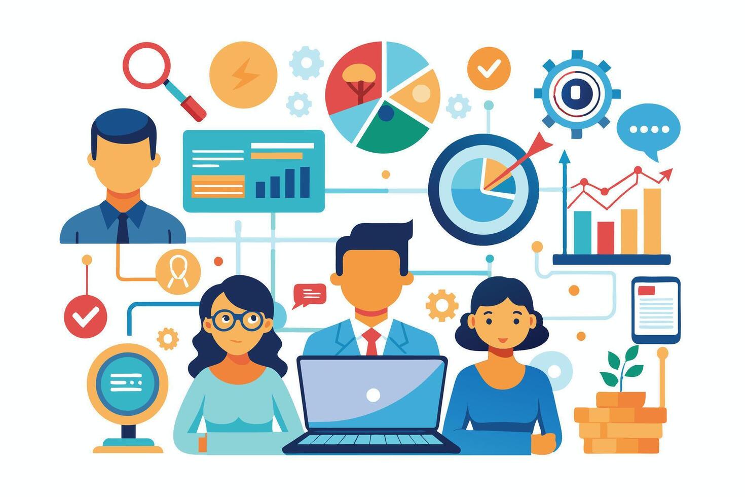 Illustration of a team of three business professionals working on a laptop with various data and analytics visualizations. vector