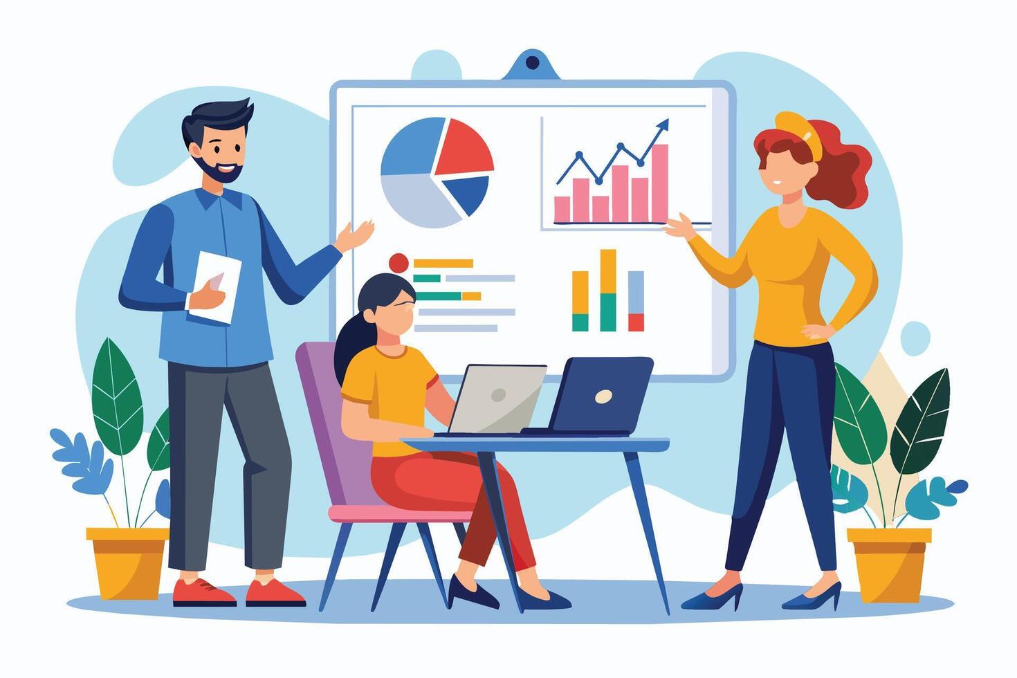 Three business professionals are engaged in a meeting, discussing data analysis presented on a whiteboard. vector