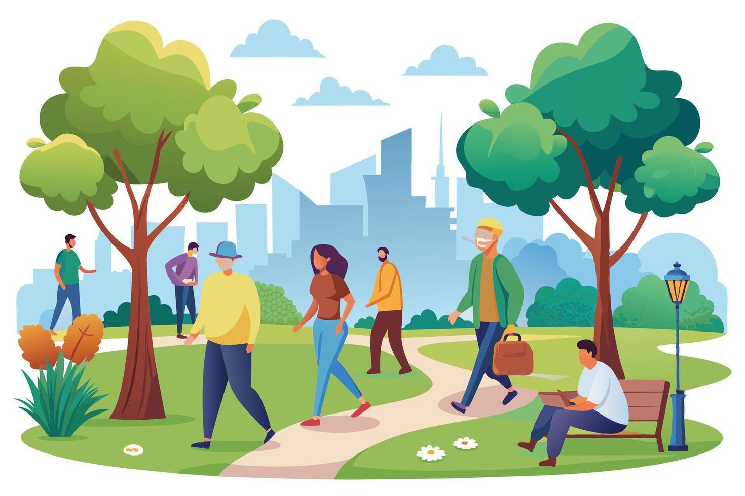 A diverse group of people walk and relax in a park with green trees and a cityscape in the background. vector