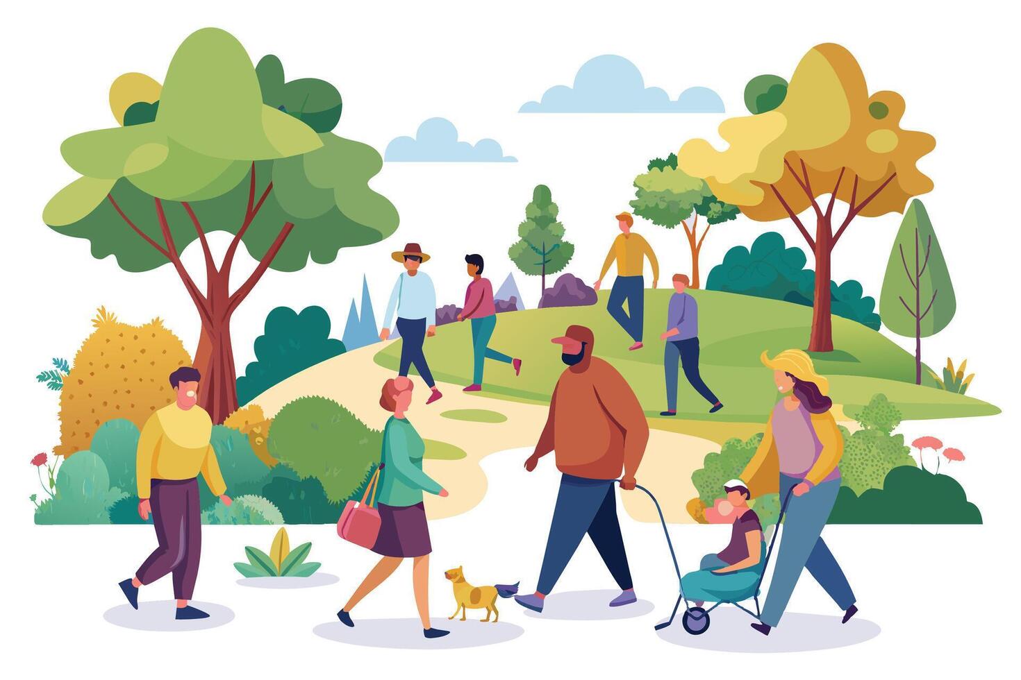 An illustration depicting people of different ages and backgrounds enjoying a sunny day in a park with lush greenery and trees. vector
