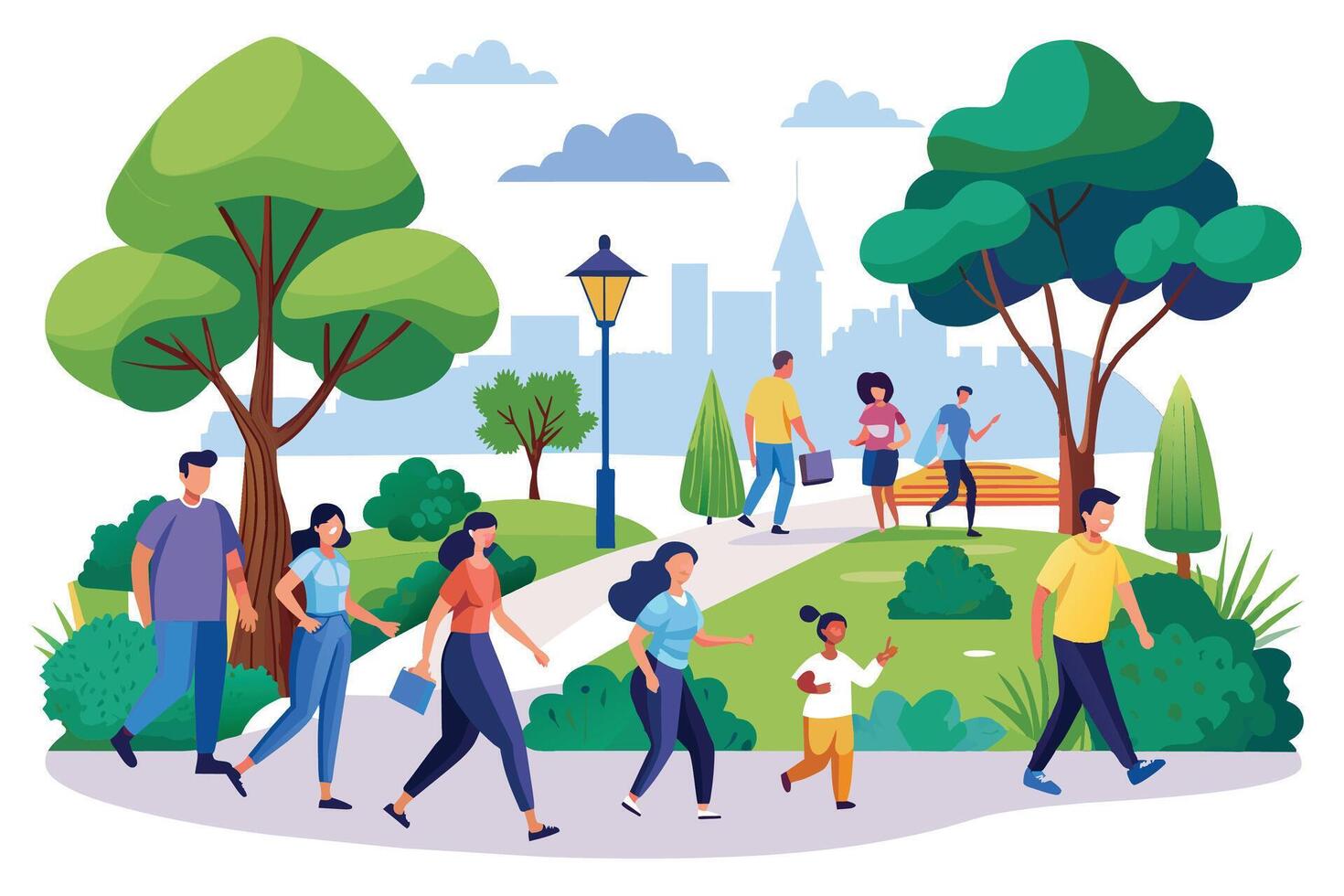 A group of people, including adults and children, walk through a city park on a sunny day. The park is filled with trees and greenery, with a cityscape visible in the background. vector