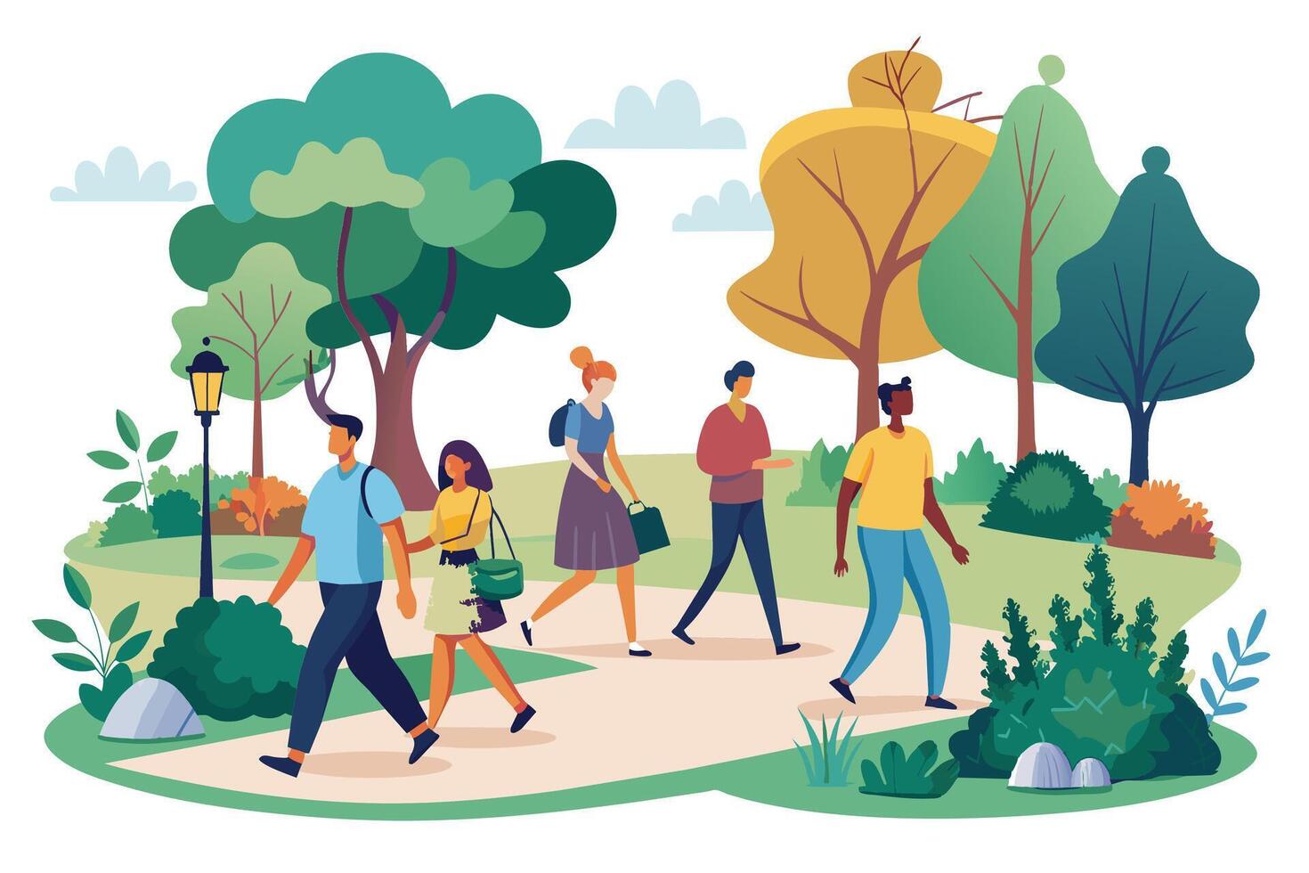 A group of diverse friends are walking together in a sunny park. There are many green trees and a lamppost in the background. The friends are smiling and enjoying their time together. vector