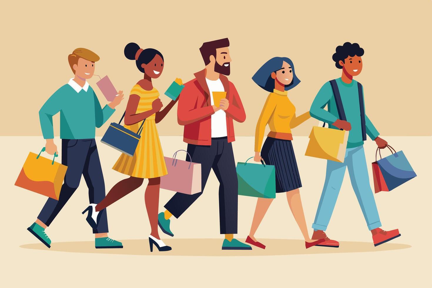 A group of five diverse shoppers, each holding multiple shopping bags, are walking together after completing their purchases. vector