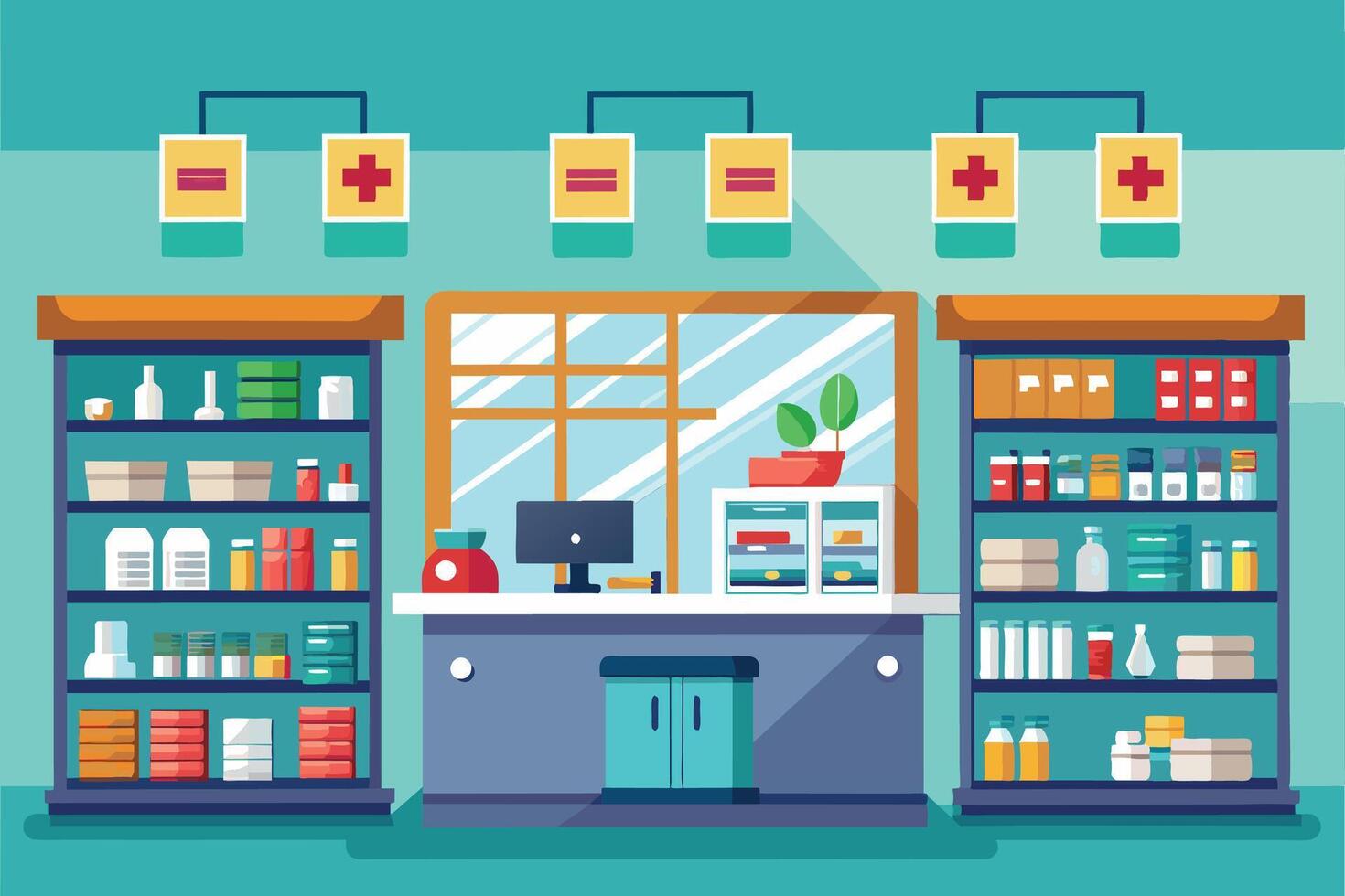 A colorful cartoon illustration of a modern pharmacy interior featuring two shelving units filled with various products, a counter with a computer, and a window with a plant. vector