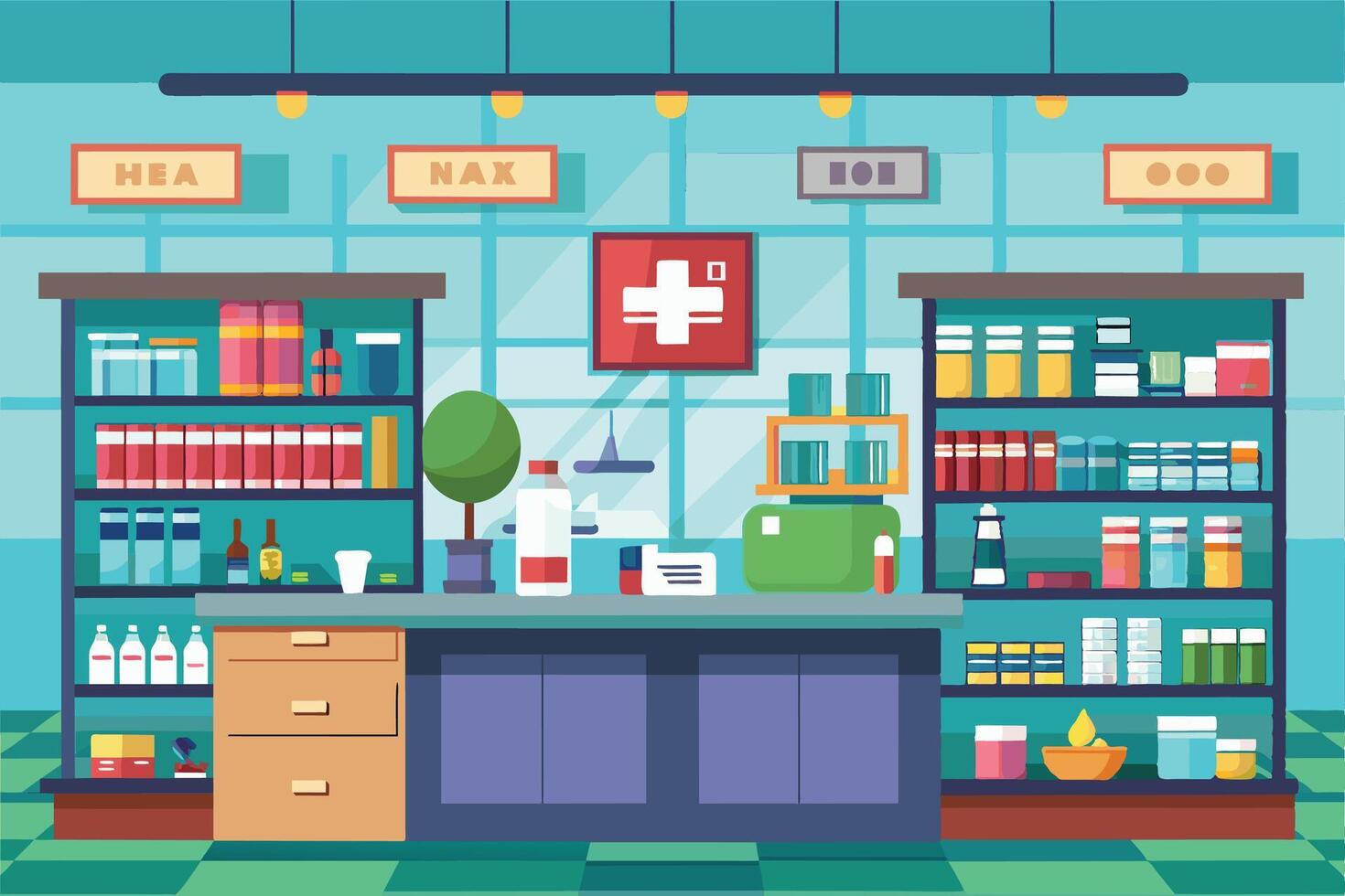 A brightly colored illustration of a pharmacy interior. The shelves are stocked with various products and there are a few items on the counter. The room has a bright and clean feel. vector