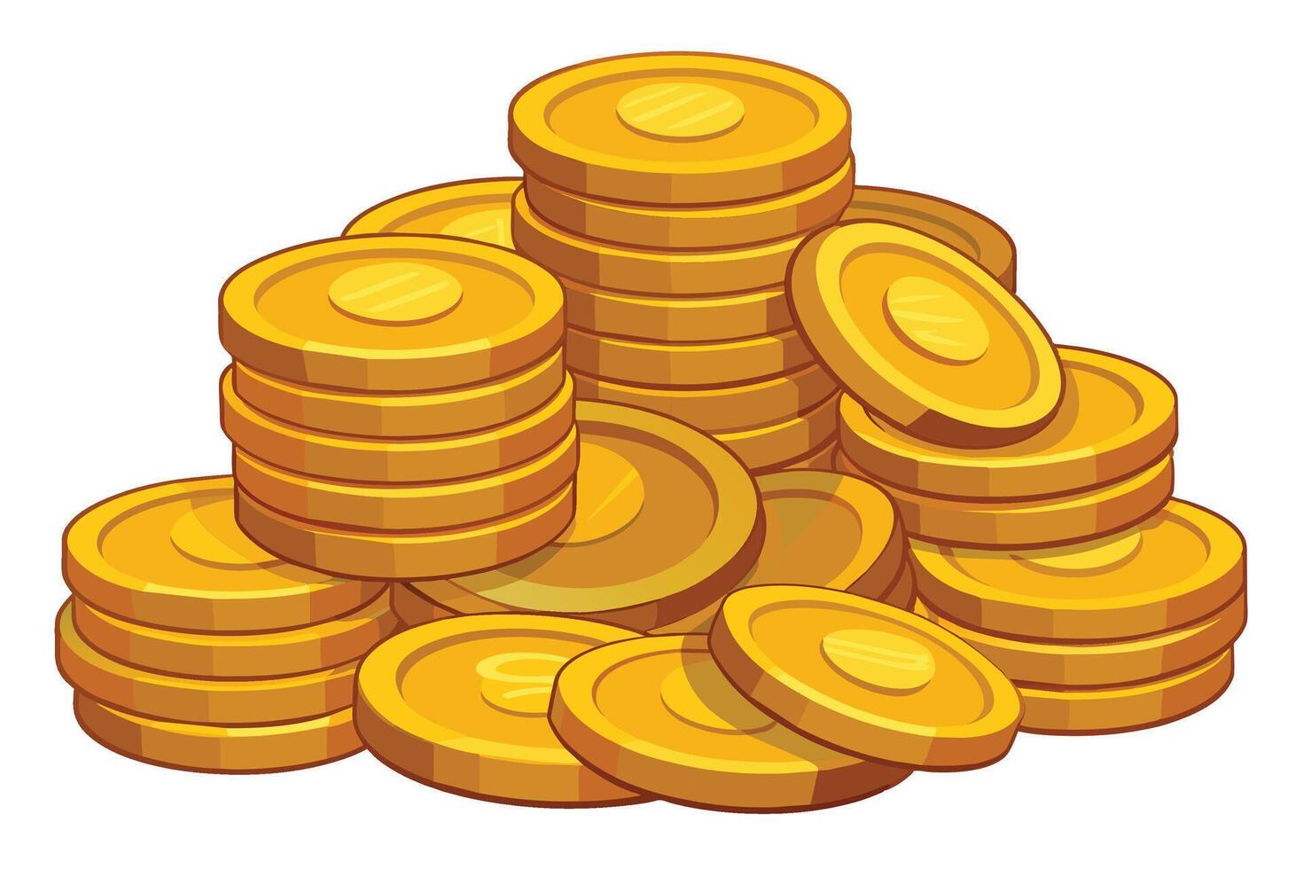 A cartoon illustration of a pile of gold coins stacked high on a white background. vector