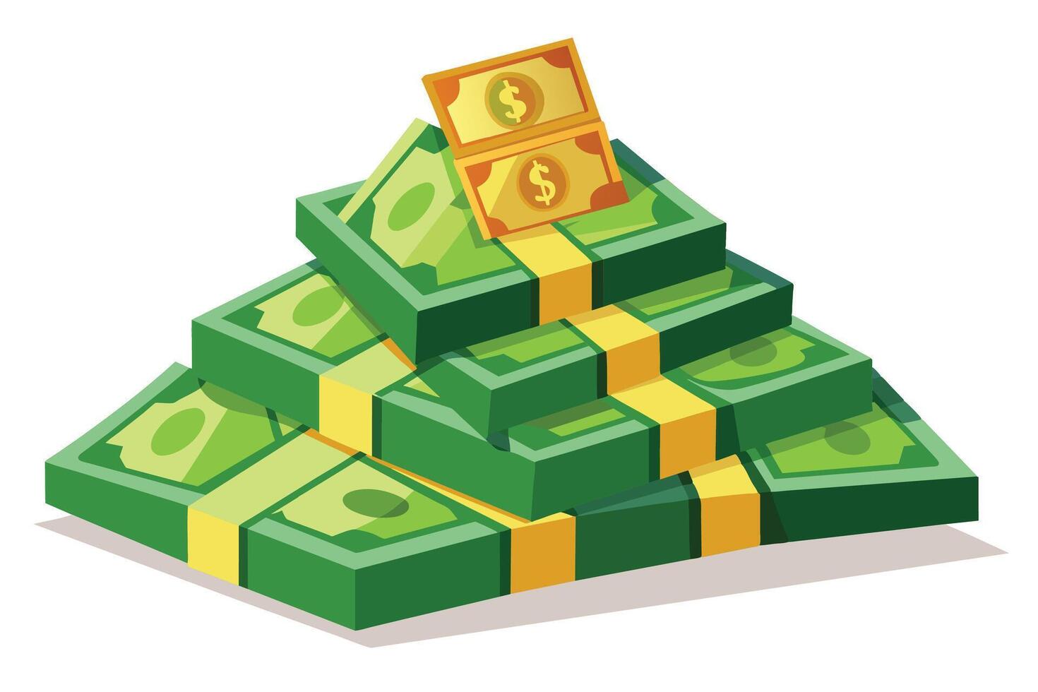 An illustration of a large stack of dollar bills in a pyramid shape. The bills are green with yellow bands, and two individual bills are visible on the top. vector