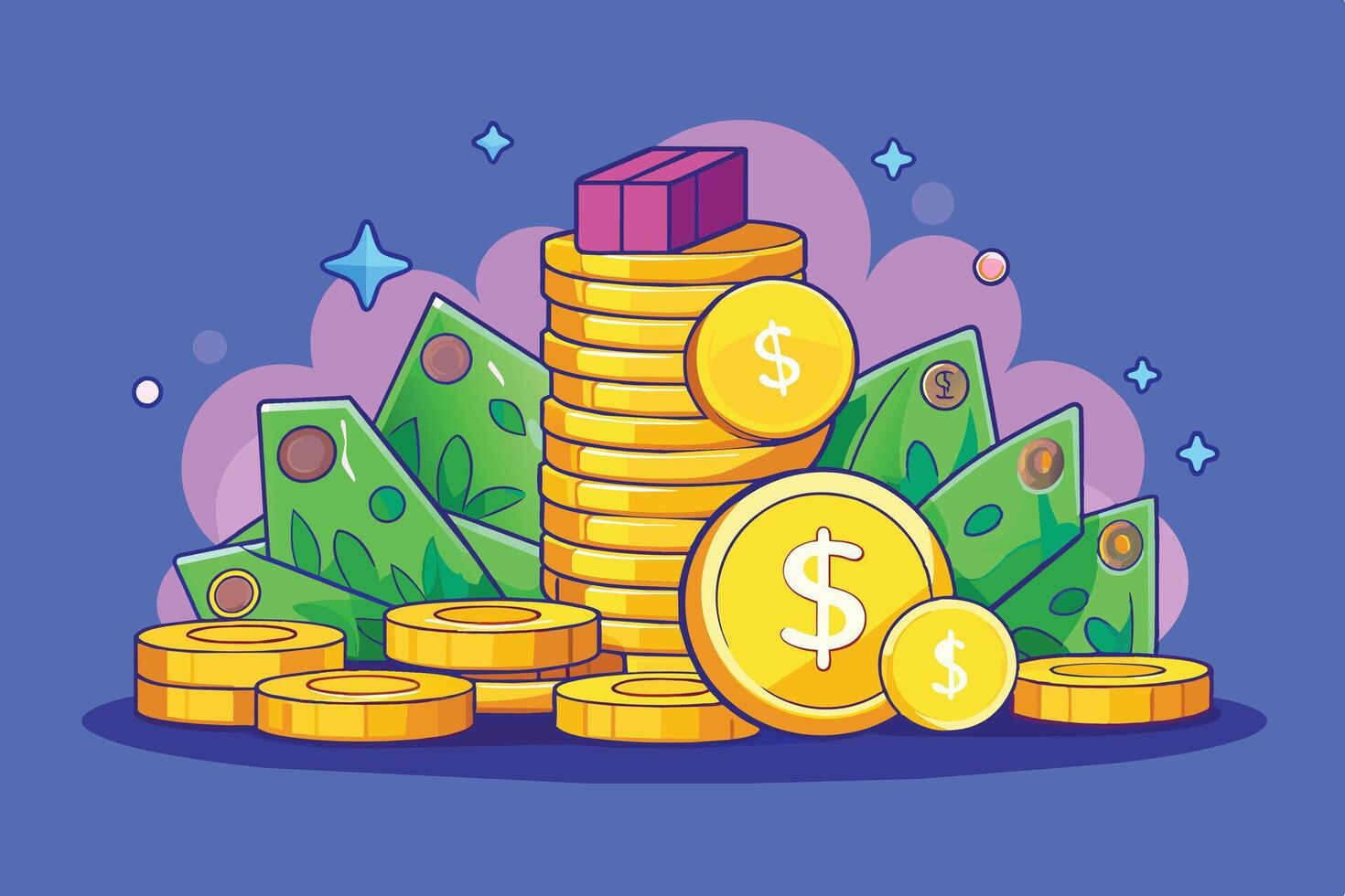 A cartoon image depicting a large stack of gold coins with a small, pink rectangle on top, surrounded by dollar bills and green leaves on a blue background. vector