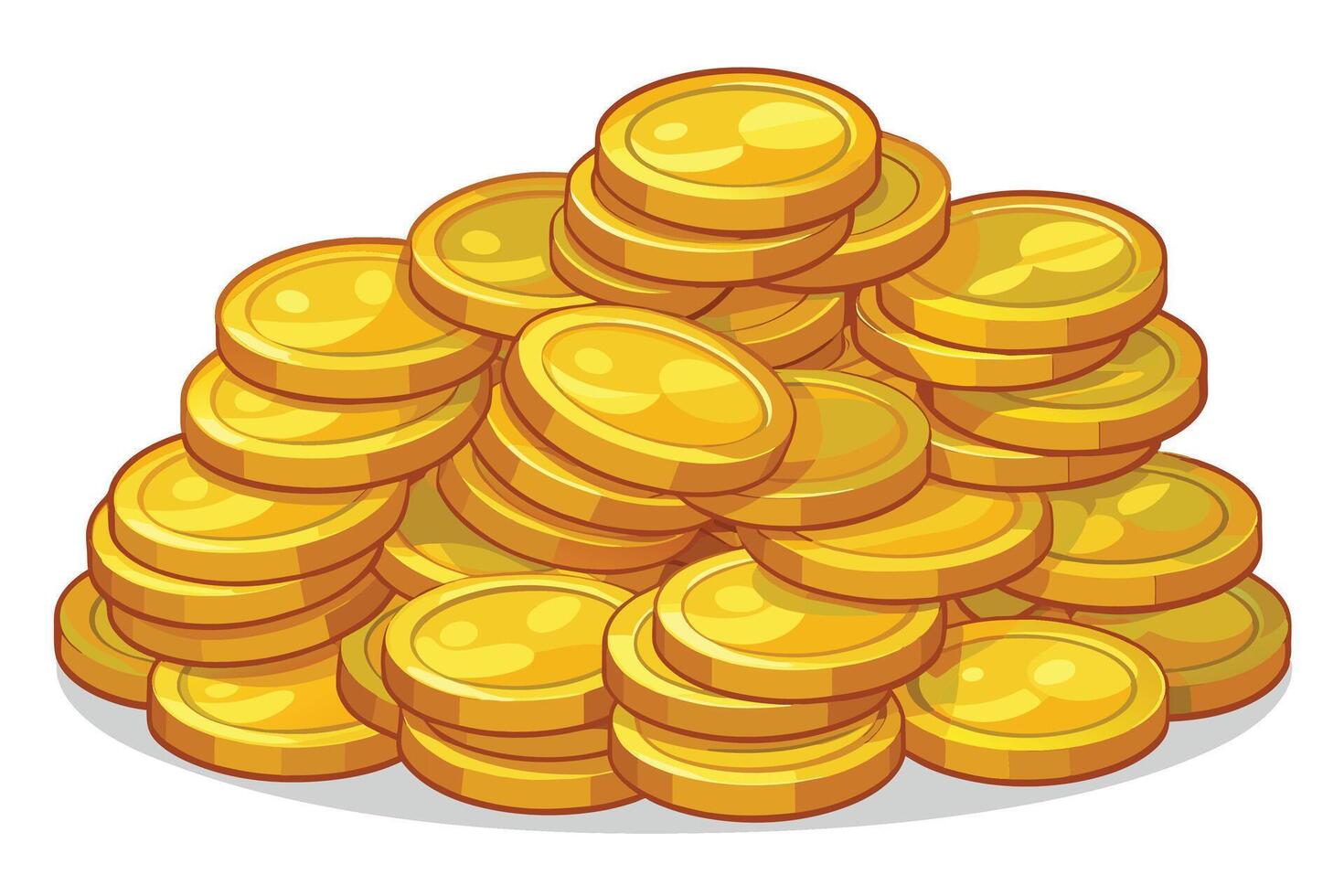 A large pile of shiny gold coins stacked on top of each other against a white background. The coins are circular with a raised rim and a smooth surface. vector