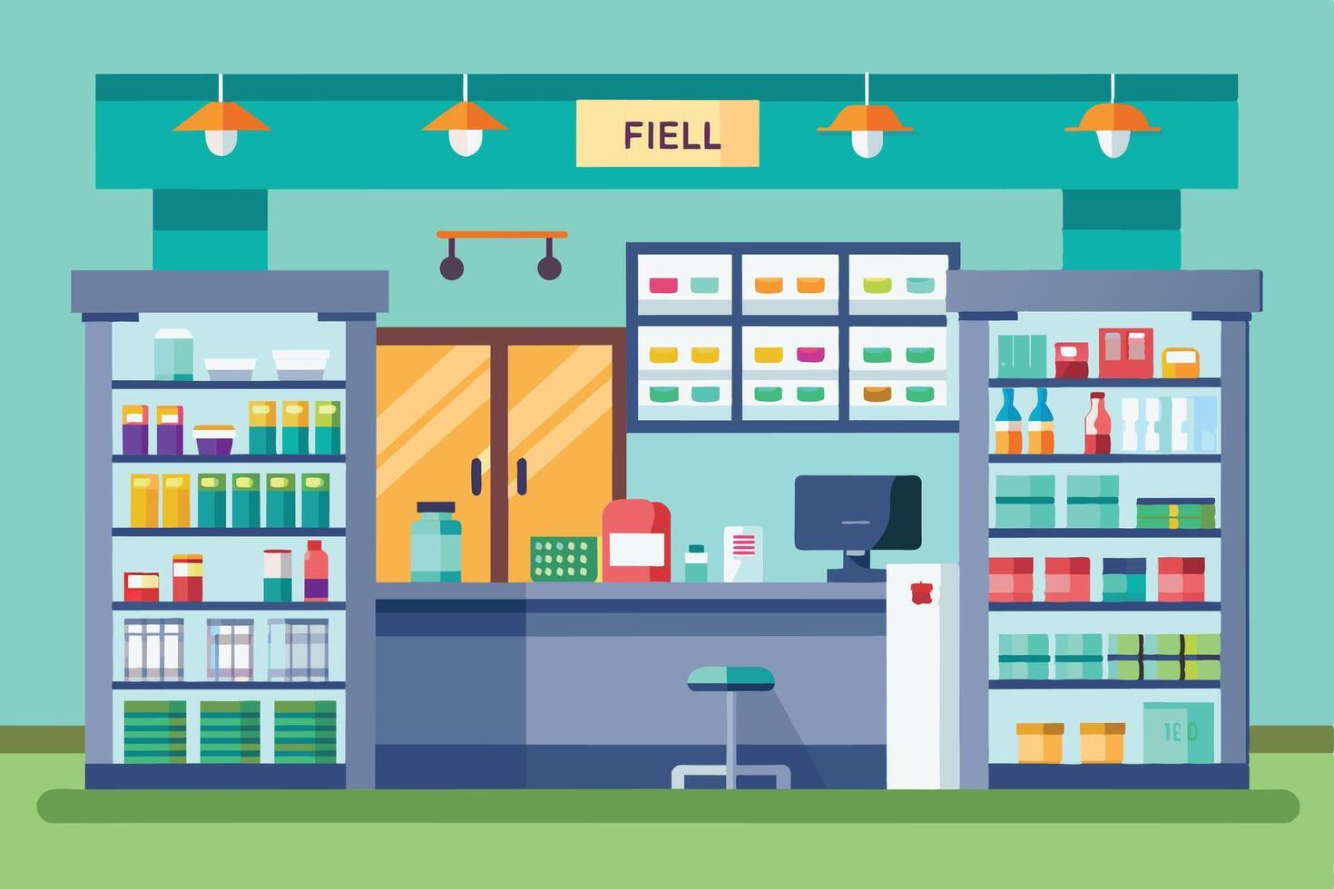 An illustration depicting the interior of a modern pharmacy, featuring shelves stocked with various medications, products, and supplies. vector