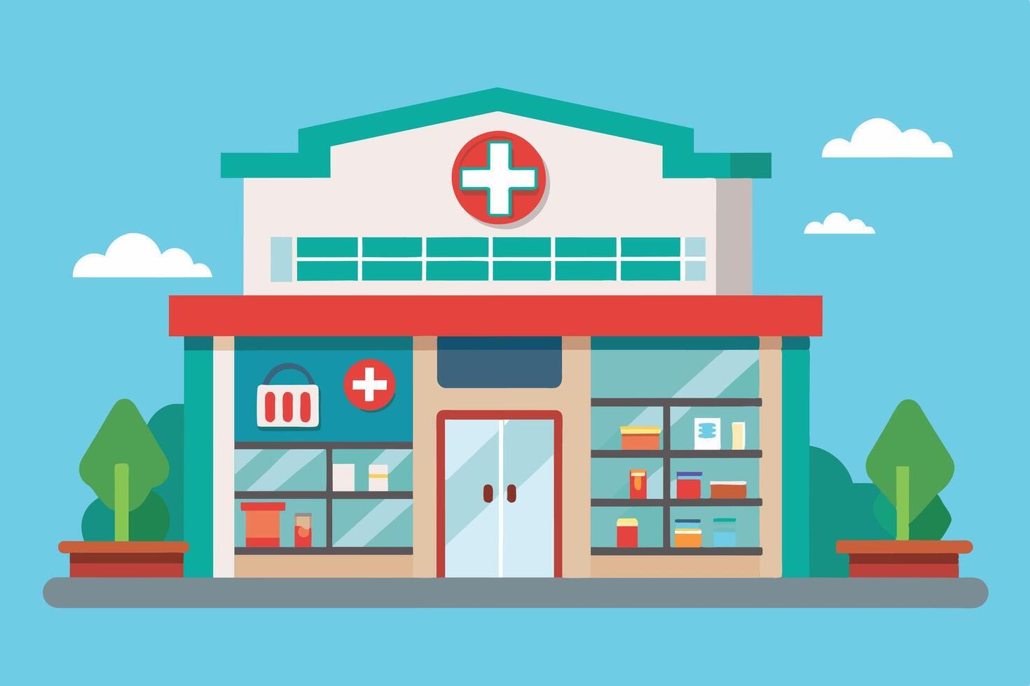 A flat design illustration depicts a modern pharmacy building with large windows and a red awning. There are small trees and white clouds in the background. vector