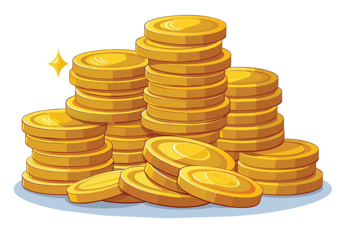 A cartoon illustration of a large stack of shiny gold coins against a white background. The coins are arranged in a haphazard pile, with a few coins falling out of the stack. vector
