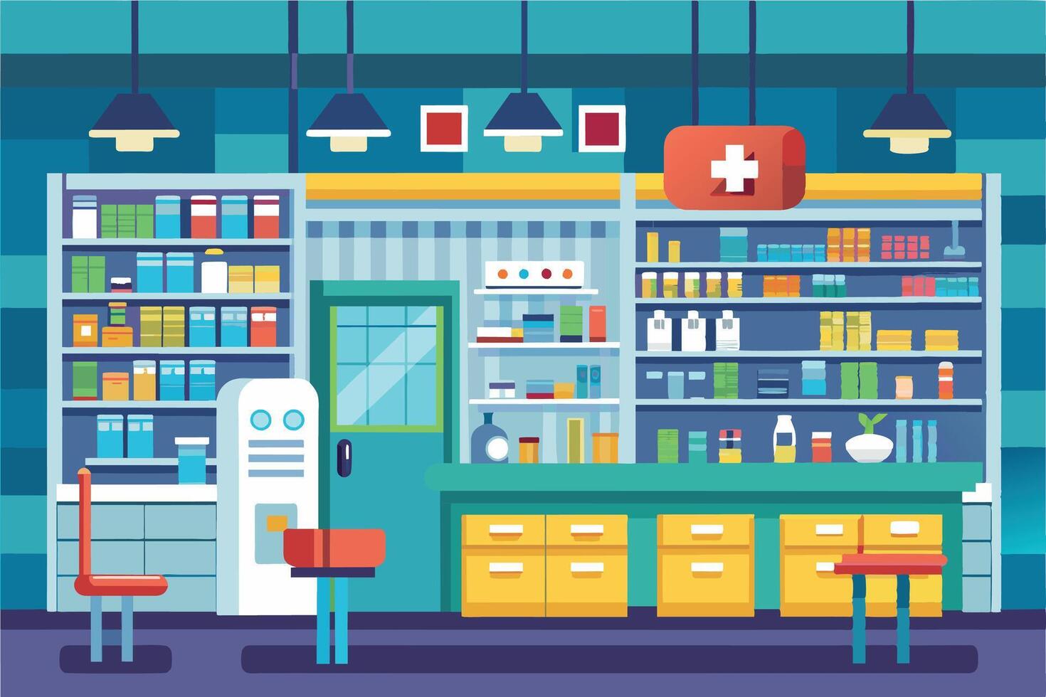 A cartoon illustration depicting the interior of a modern pharmacy with shelves filled with various medications, a counter, and a waiting area. vector