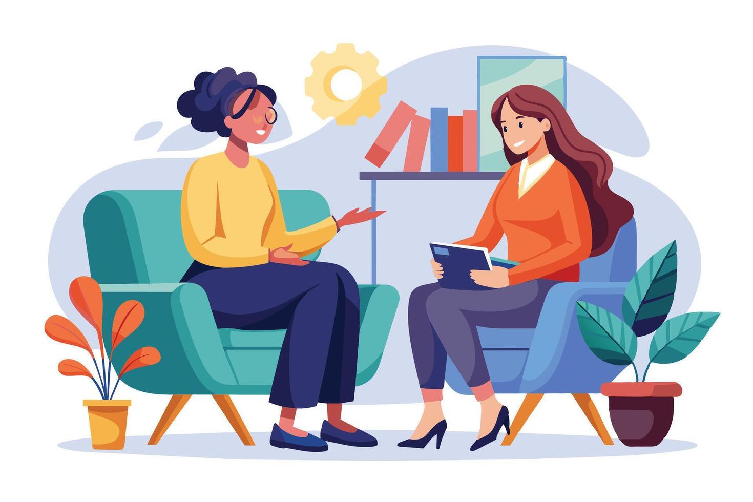 Two women are sitting in chairs and talking during a work meeting in an office. One woman is holding a tablet and the other is gesturing with her hand. vector