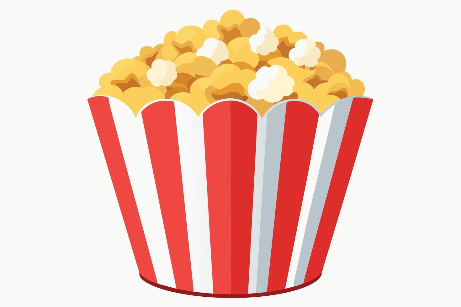 A cartoon illustration of a red and white striped popcorn bucket filled with popcorn. vector
