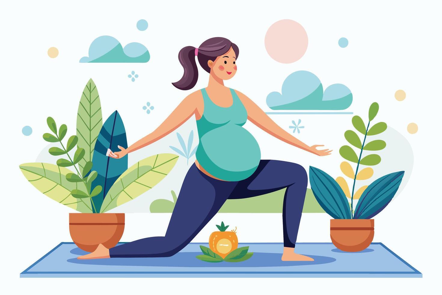 A pregnant woman practices yoga on a blue mat outdoors surrounded by greenery. vector