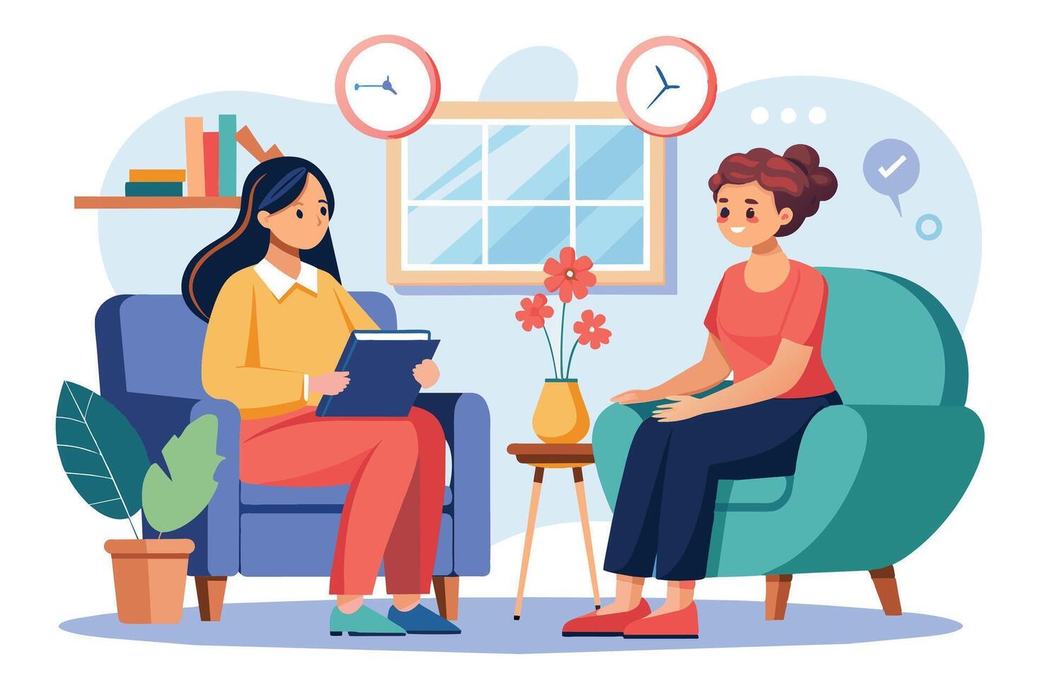 A therapist, holding a clipboard, sits across from a patient in a therapy session. The patient is smiling and talking. vector