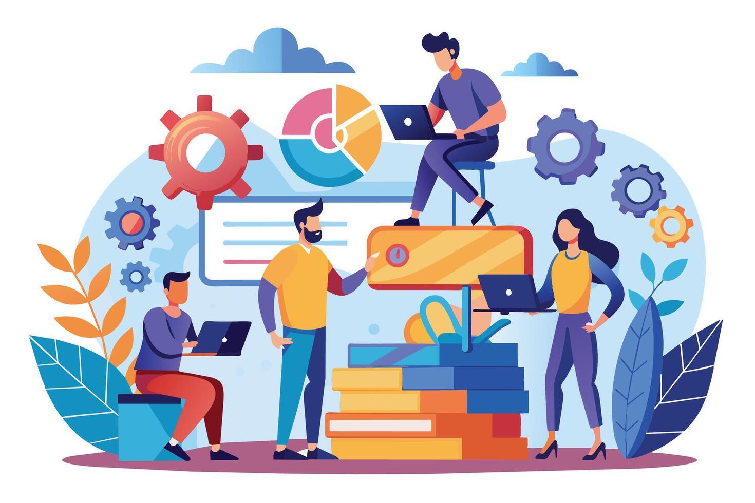 Illustration of a team of four people working on a project. They are using laptops, looking at charts, and collaborating with each other. vector