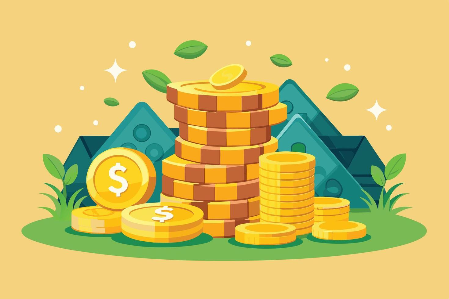 Illustration of gold coins stacked on green grass with dollar signs. vector