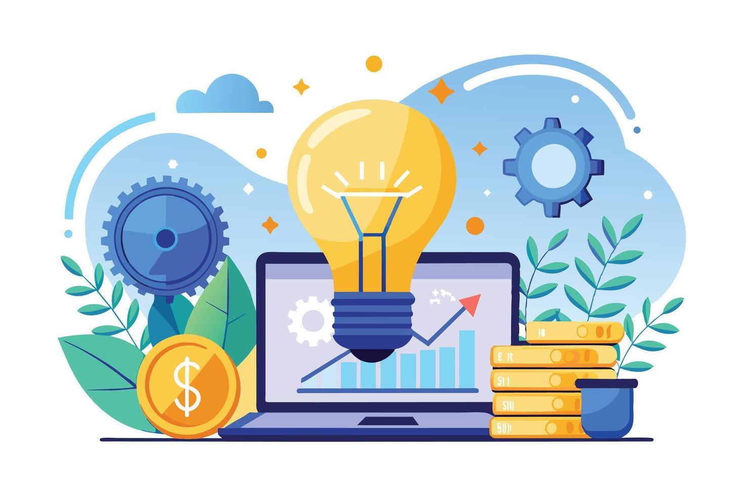 An illustration of a lightbulb idea growing on a laptop screen with a graph and gold coins, symbolizing business growth and success. vector