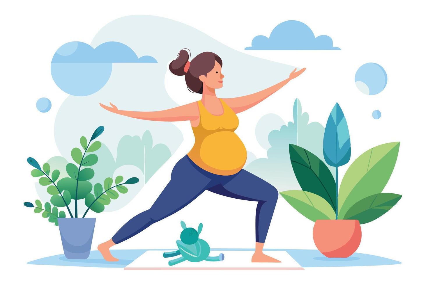 A pregnant woman practicing yoga in a warrior pose indoors with plants and blue clouds in the background. vector