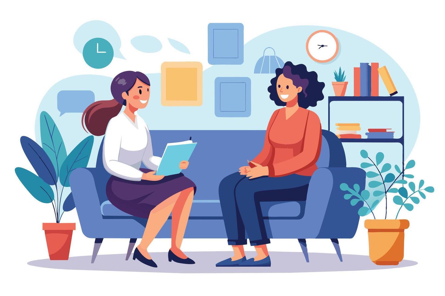 A therapist sits on a blue couch with a client, listening to her concerns. The therapist holds a notebook and looks attentive. vector