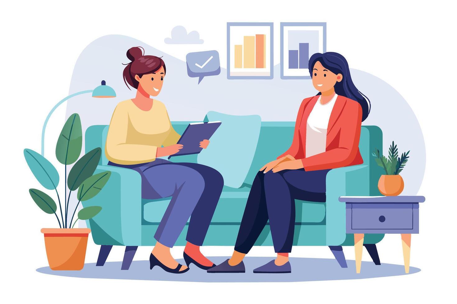 Two women are seated on a couch, one holding a clipboard and the other listening intently. The woman with the clipboard is smiling and the other woman appears to be taking notes. vector