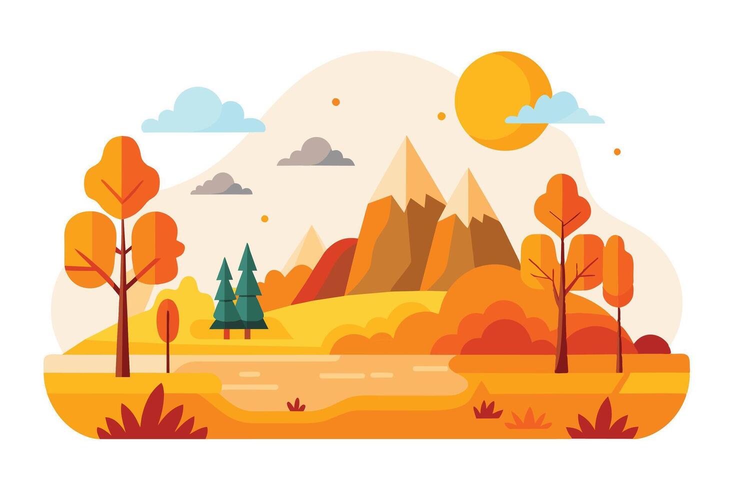 A vibrant illustration depicting a picturesque autumn landscape featuring mountains, trees, a lake, and a bright sun in the sky. vector