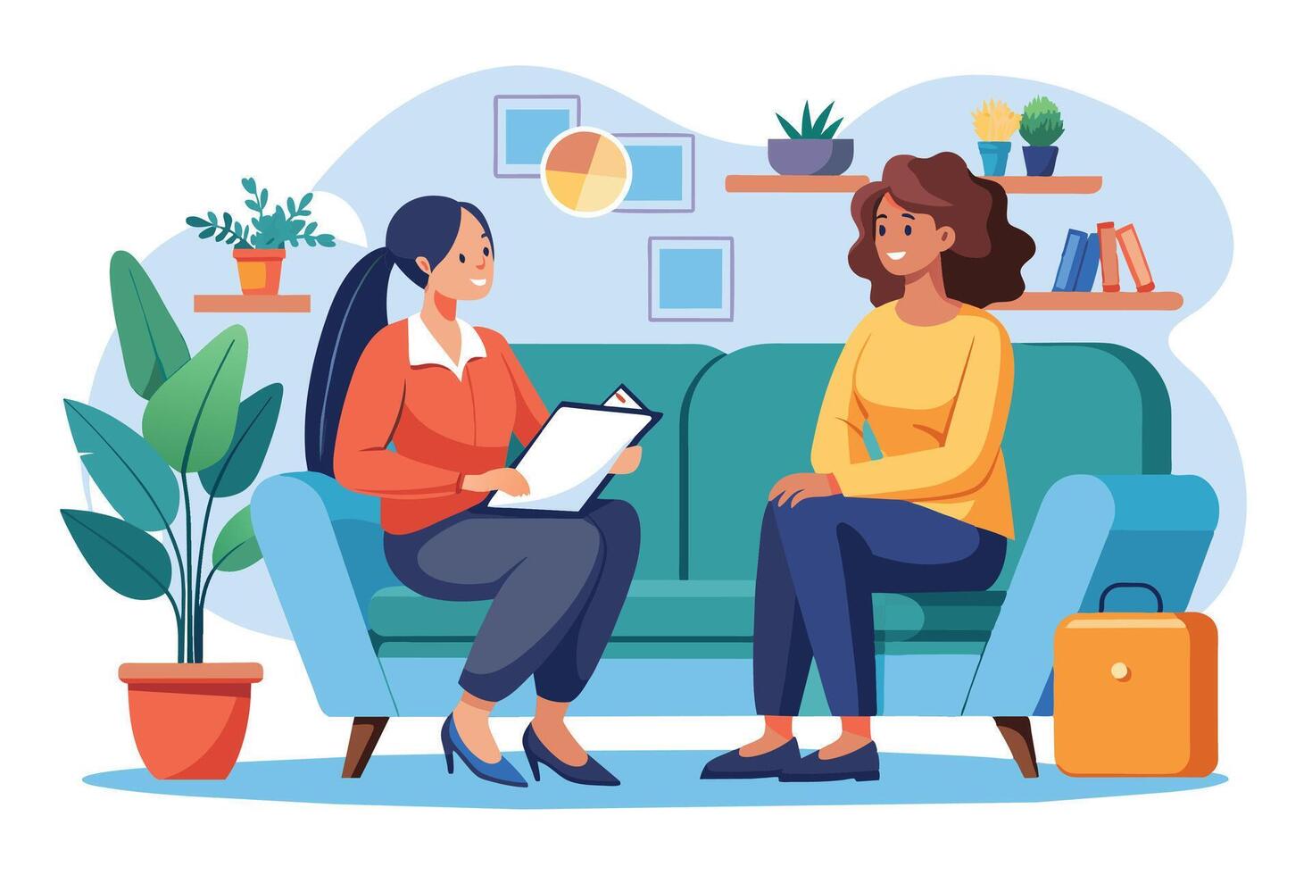 Two women with different hairstyles and colored shirts sit on a blue couch in a home office. One woman holds a clipboard and appears to be interviewing the other. vector