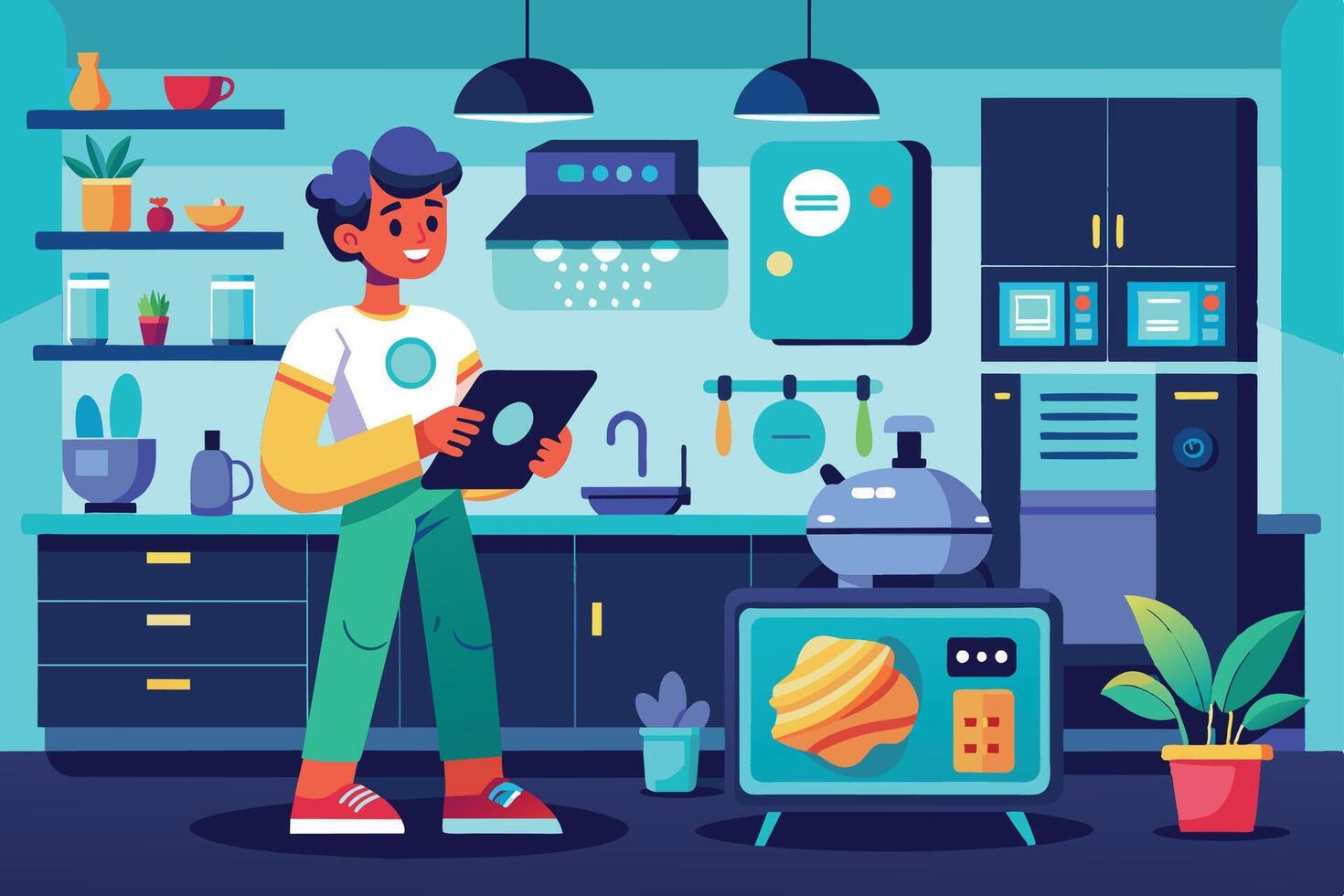 A young man uses a tablet while standing in a modern kitchen with smart appliances. vector