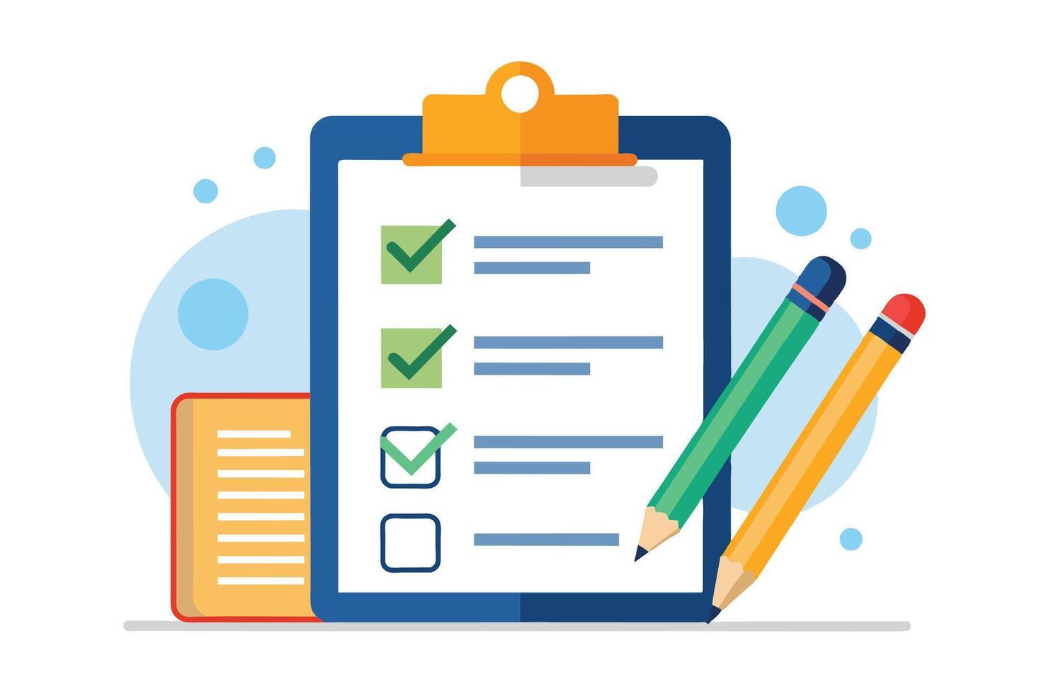 A simple illustration of a checklist with pencils and a notebook. The checklist has three checkboxes and a blank line for each item. vector