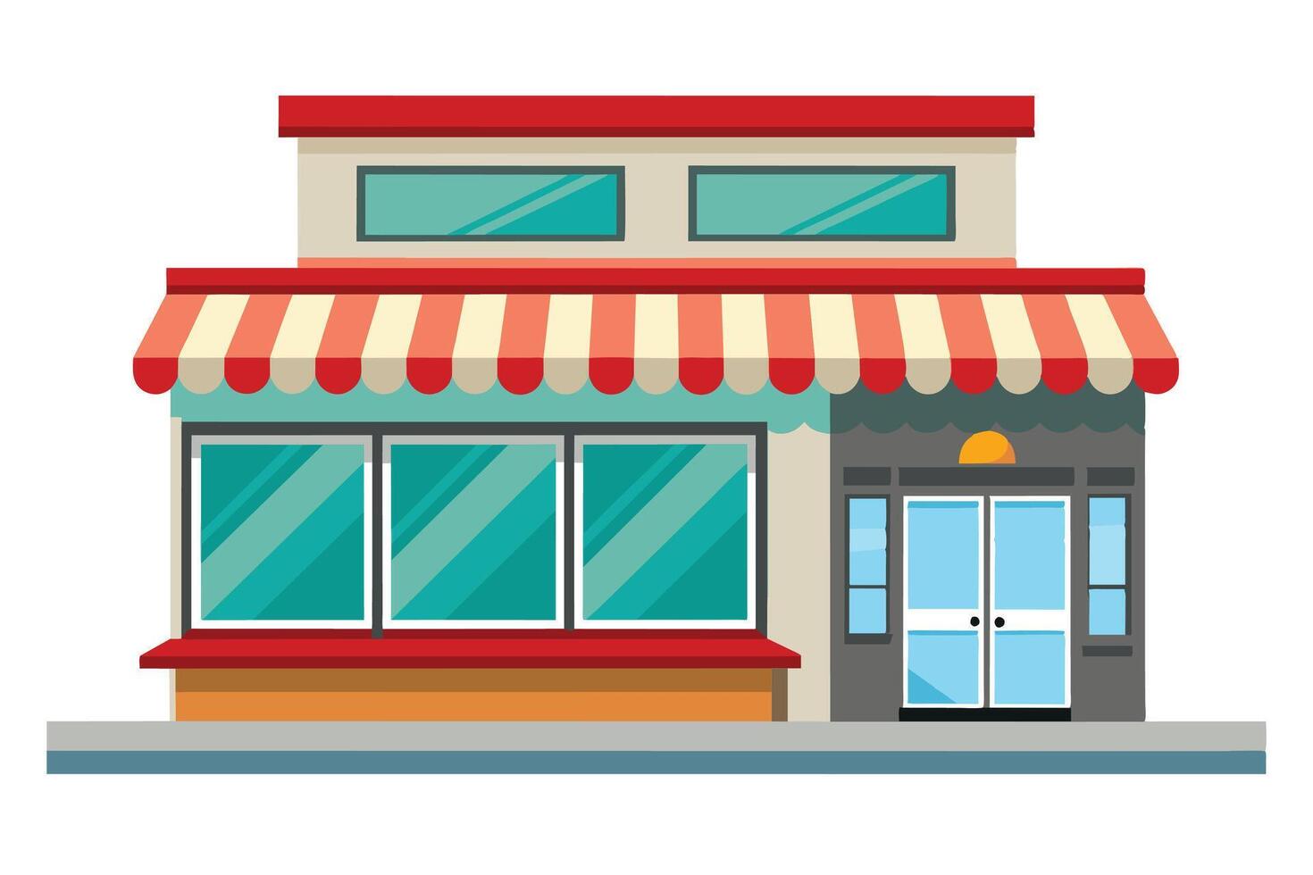 A cartoon drawing of a small storefront with a red and white striped awning, large windows, and double glass doors. vector