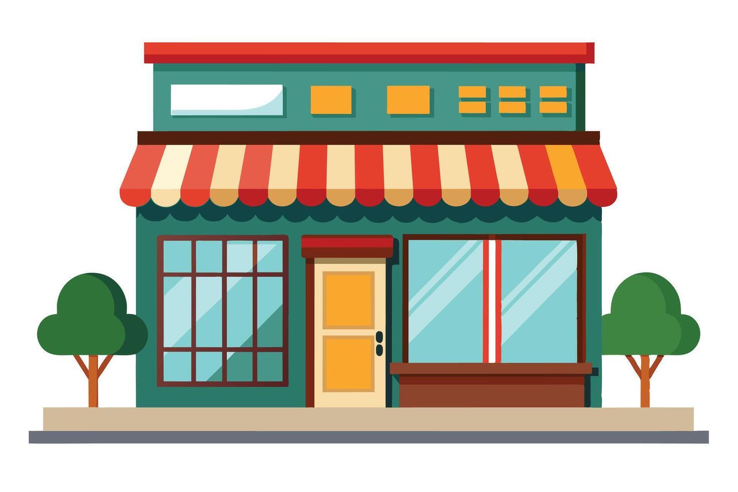 An illustration of a green storefront with a red and white striped awning, a glass storefront window, and a door. There are two small trees to either side of the building. vector