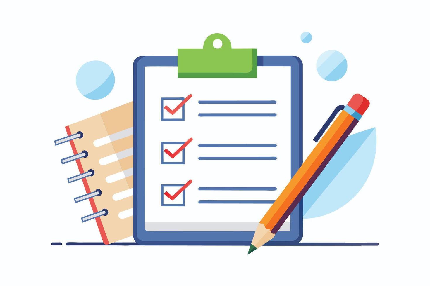 An illustration of a clipboard with a checklist, a pencil, and a notepad on a white background. vector
