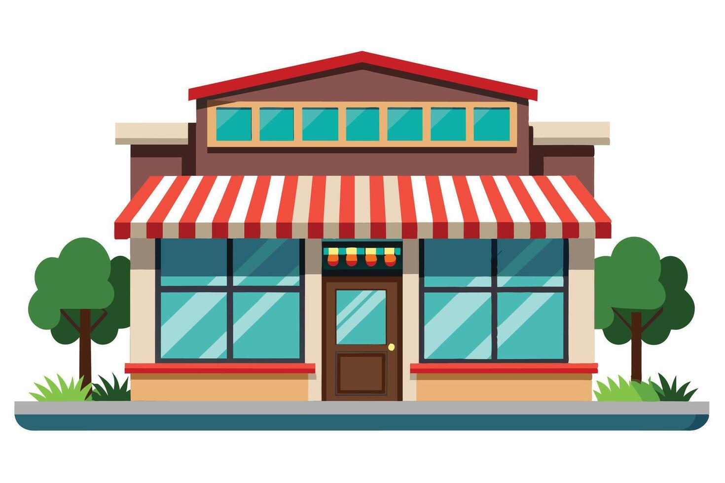 Illustration of a small store facade with a red and white striped awning, two large windows on each side, and a single door in the center. vector
